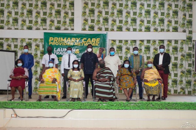 PCPN Launch in Atebubu Amantin District (Facilitation Team with Key stakeholders including DDHS, District Coordinating Director, District NHIS Manager, Med director of DH, head of the traditional council and queen mothers). Photo Credit: The Accelerator