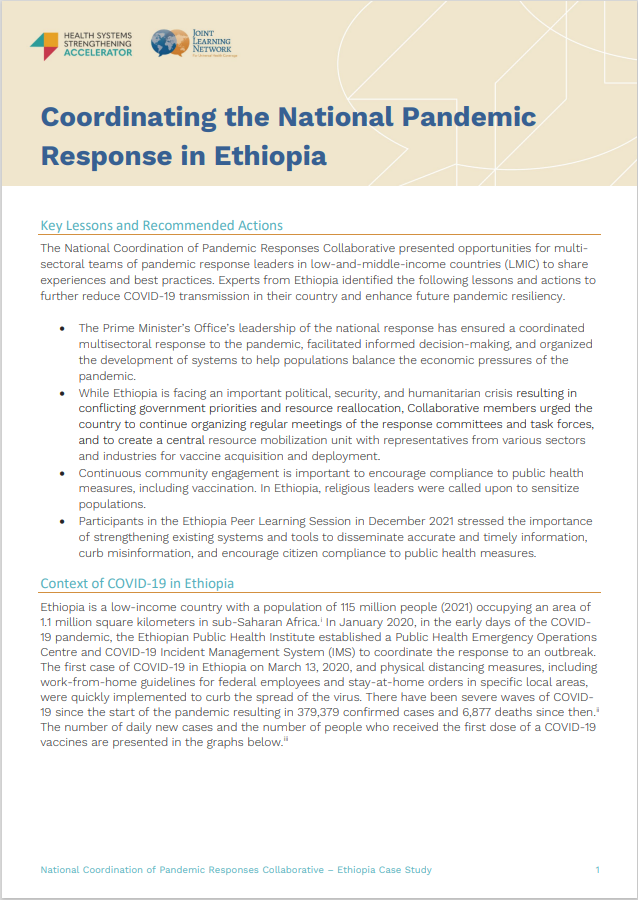 Experts from Ethiopia identified the following lessons and actions to reduce COVID-19 transmission in their country and enhance future pandemic resiliency.